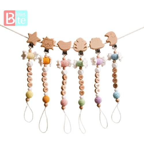 1Pcs Baby Pacifier Clips Beads Wooden Ring Pacifier Chain Cartoon Elephant Handmade Free Personalized Name Wood Pacifier Clips