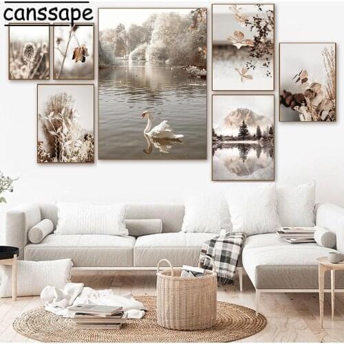 Scandinavian Poster Dried Flowers Canvas Print Swan Painting Mountain Lake Landscape Wall Paintings Aesthetic Room Decoration