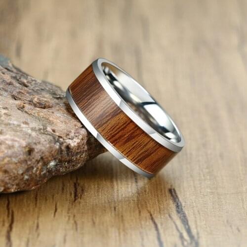 Basic 8MM Stainless Steel Wedding Band Rings for Men with Wood Inlay Male Gifts Jewelry