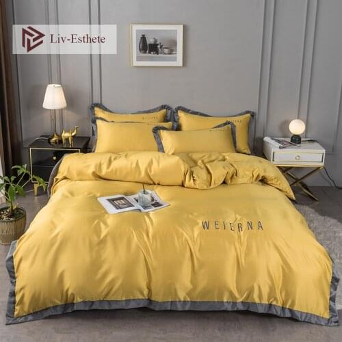 Liv-Esthete Beauty 100% Silk Wide Side Yellow Bedding Set Queen King Duvet Cover Pillowcase Bedspread Bed Linens For Women Men