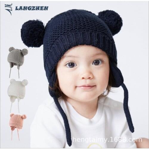 Langzhen Winter new baby wool hat plus fleece knitted ear protection hat cold and warm childrens hat