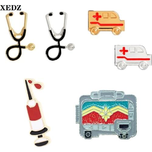 XEDZ medical equipment enamel pin stethoscope ambulance syringe first aid kit backpack badge lapel jewelry brooch