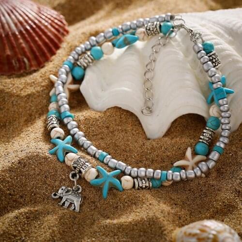 Fashion double Anklet conch starfish rice bead Yoga beach Elephant Pendant Anklet Bracelet