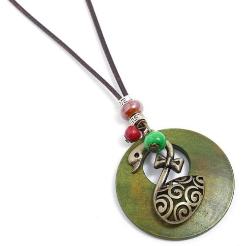 Fashion Goose Swan Pendant Statement Necklace Retro Long Leather Chain Wood Beads Charm Casual Vintage Accessories Jewelry Gift