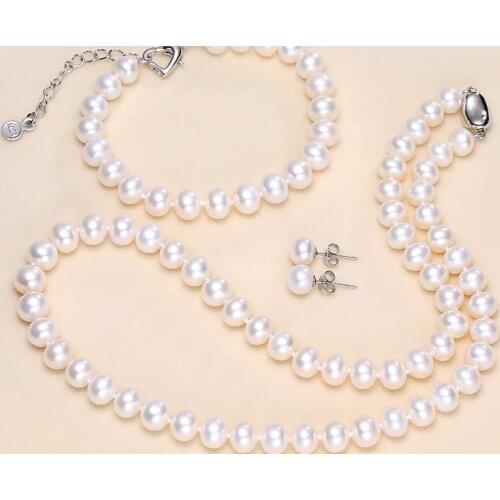 Sets of 9-10mm south sea round white pearl necklace18" &bracelet7.5-8"earring
