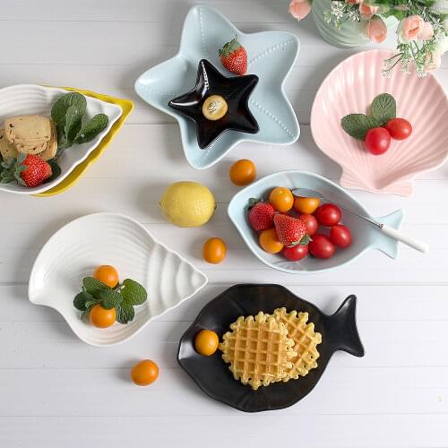 Ceramic marine series cutlery set / children cartoon style color starfish / shell / fish plate set salad bowl kitchen tableware