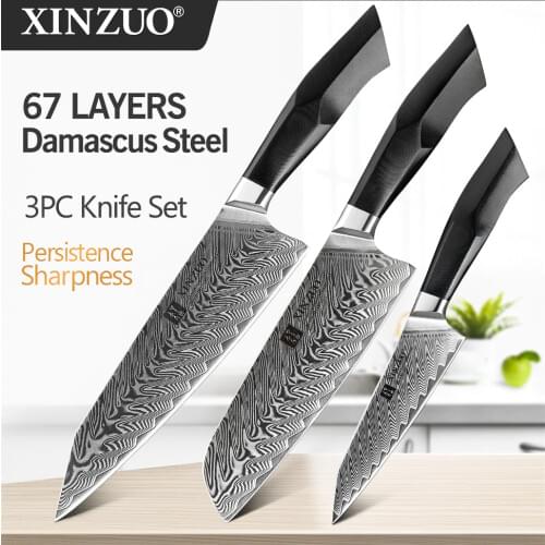 XINZUO 3PCS Kitchen Knives Set G10 Handle 67 layers High Carbon VG10 Damascus Steel Super Sharp Blade Vegetable Meat Fruit Knife