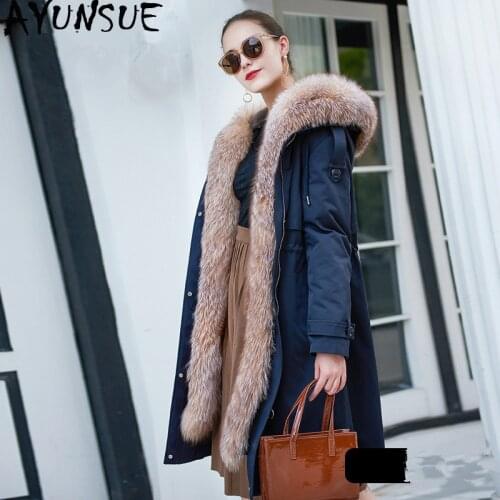 AYUNSUE Parka Real Fur Coat Female Rabbit Fur Liner Winter Coat Women Fox Raccoon Fur Collar Warm Long Jacket Trench Coats MY