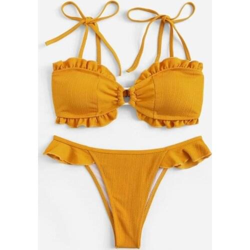 Sexy ruffle ribbed bikini set Bandeau push up swimsuit String backless bathing suit High cut swimwear women Solild ring biquini