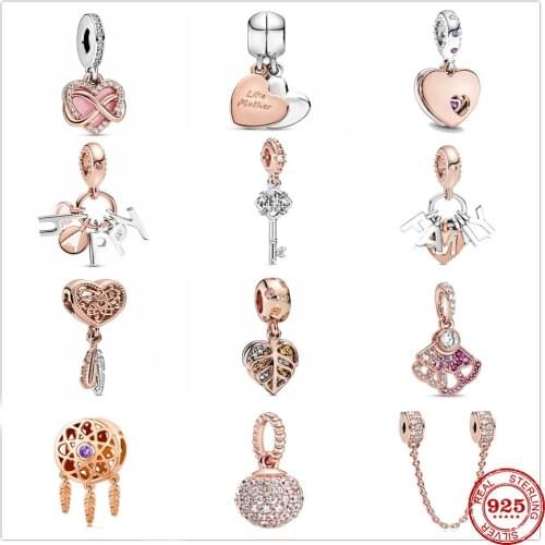 925 Sterling Silver Two-color stitching Letter Key Heart Leaf Pendant DIY fine beads Fit Original Pandora Charm Bracelet Jewelry
