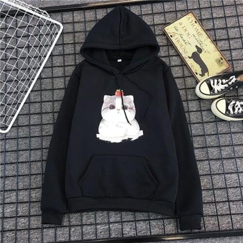 Hoodies oversized print cute Cat Pocket Sweatshirts Hooded Harajuku Spring Casual Vintage Korean Pullovers Women sweetshirts
