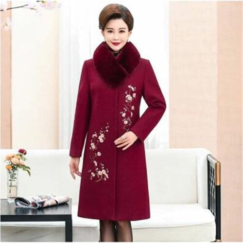 High quality Cashmere Outerwear Autumn Winter New Fur collar embroidered Woolen coat female Middle age clothing Women coat 5XL