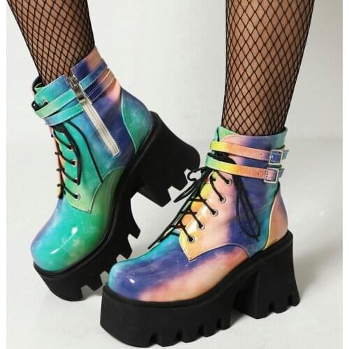 2021 Fashion Mixed Colors Platform Women Shoes Patent Leather Zipper Ankle Boots Thick High Heel Autumn Winter Motorcycle Boots