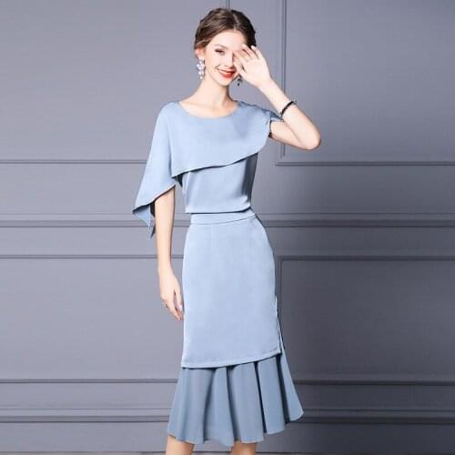 Womens Set 2021 Summer Fashion 2 Piece Set Ladies Beading Deco Cape Poncho Style Tops+High Waist Ruffle Midi Skirt Suits Casual
