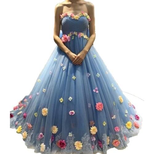 Off The shoulder Blue Prom With flowers Ball Gown Tulle Sweetheart Backless Sweet 16 dress party gown mother of the bride dress