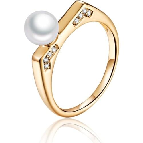 New Fashion 6MM Pearl Gold Color Fine Rings for Women Plated Copper Paved Cubic Zirconia Wedding Band Ring Party Jewelry Gifts