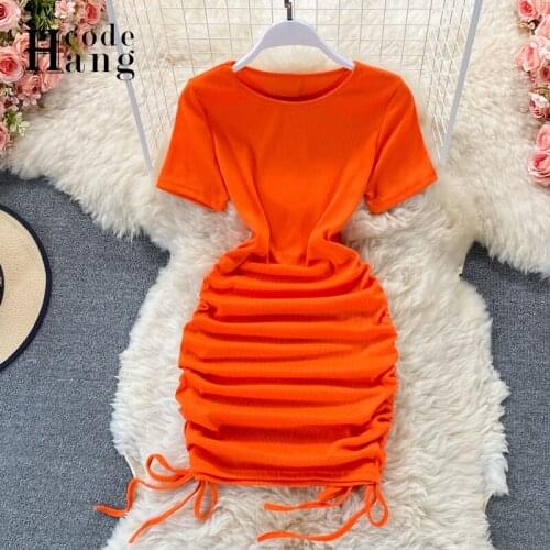 HangCode 2021 Summer Mini Dress Women Sexy Party O-neck Drawstring Adjustable Length Bodycon Dress Casual Ribbed Short Dress