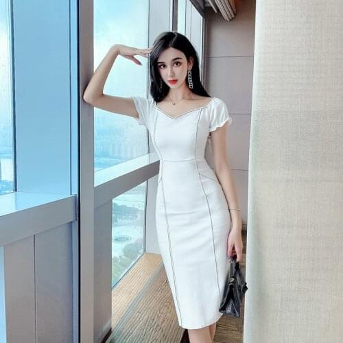 2021 Summer New Women Office Slash Neck Package Hip Bandage Dress Split Tight Midi Dresses High End Ladies Bodycon Vestidos