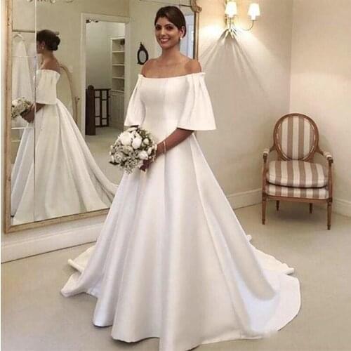 Simple Satin Wedding Dresses 2020 Lace Bridal Gowns Off the Shoulder vestidos de noiva Plus Size robe de mariée for Women