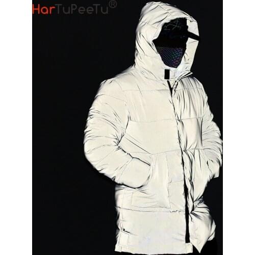Winter Reflective Cotton-Padded Coats Men Warm Hooded Thicken Jacket Fashion Street Night Safe Plus Size Thick Cold Outerwear
