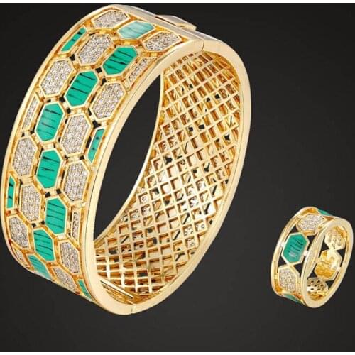 Zlxgirl New arrival Shape green Snake bangle with ring jewelry sets for women party gifts micro pave setting bracelet ring sets