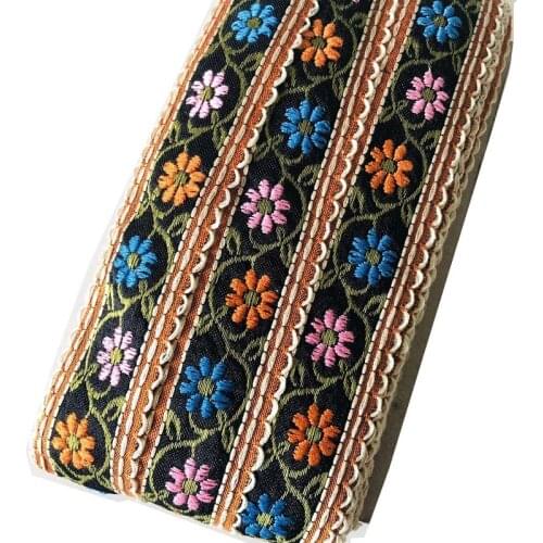 10yards/lot wide about 3.4cm Woven Jacquard cotton Ribbon black orange blue flowers curtain and clothing accessory LS-6810