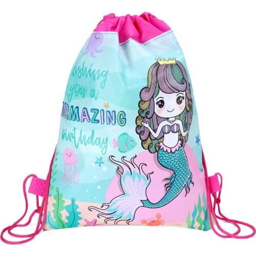 12pcs/lot Mermaid Theme Baby Shower Decorate Mochila Backpack Birthday Events Party Non-woven Fabrics Drawstring Gifts Loot Bag