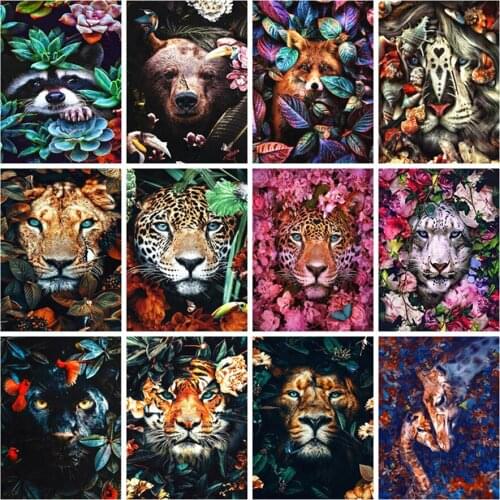5D Diamond Painting By Number Tiger Lion Raccoon Full Drill Square DIY Diamond Embroidery Cross Stitch Animal Home Decoration