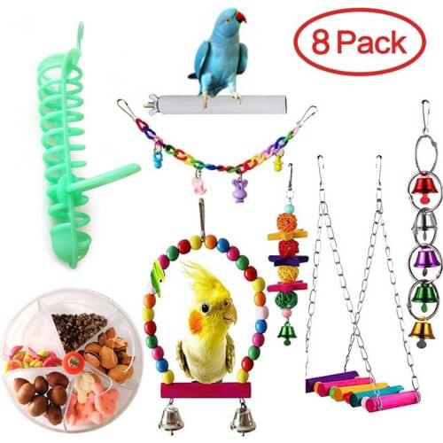 8pcs Bird Parrot Toys Hanging Bell Pet Bird Cage Hammock Swing Toy Hanging Toy for Small Parakeets