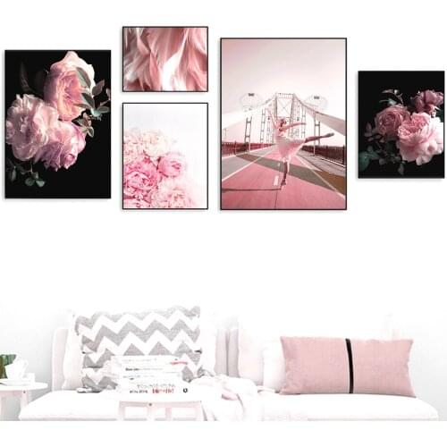 Pink Rose Feather Ballet Girl Quote Wall Art Canvas Painting Nordic Posters And Prints Plant Wall Pictures For Living Room Decor