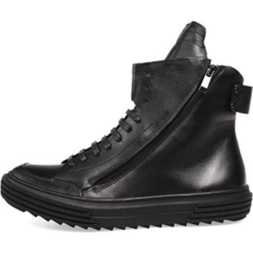 Bmante Mens Boots Genuine Leather Solid Dark Ankle Boots Winter Zip Flats High Top Shoes Gothic Owen Casual Male Sneakers