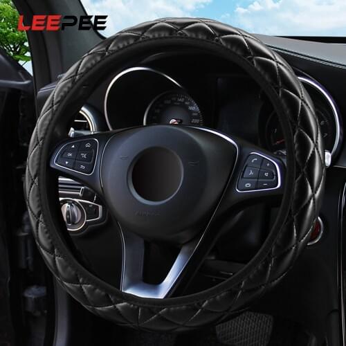 LEEPEE Car Steering Wheel Cover PU Leather Crystal Crown Steering Covers 37-38CM Diameter Interior Accessories Car-styling
