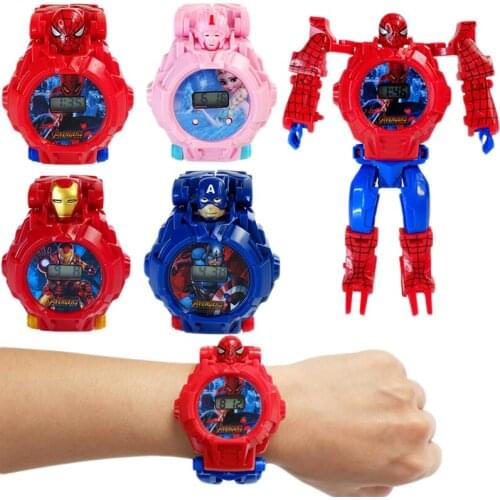 Marvel Spiderman iron Man Frozen Princess Aisha trend robot Assemble the watch Manually deformed childrens electronic watch