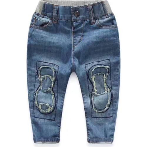 Baby denim pants boys girls cowboy patchwork jeans Kids cotton denim pants elastic waist elastic long pants 9M-4T