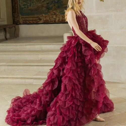 Elegant Prom Dress High Low Halter Tulle Sexy Tiered Backless Evening Dresses Top Appliques Formal Evening A-line Dress