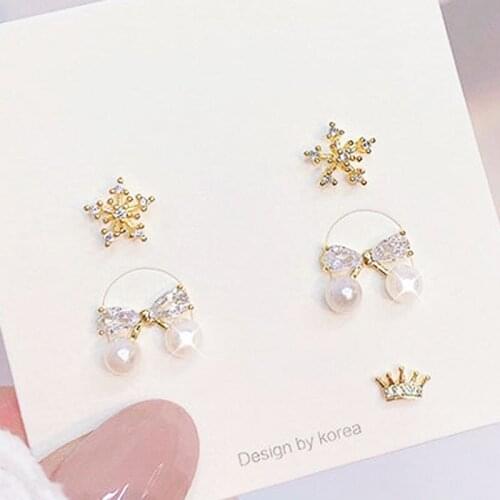 Elegant Five Piece Set Natural Freshwater Pearl Earrings Exquisite Butterfly Flower Crown Ear Stud Top Quality Cz Jewelry Gift