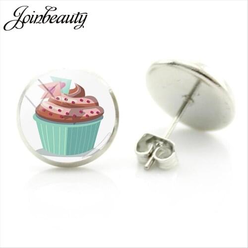 JOINBEAUTY Cupcake Food Photo Stud Earrings Round Glass Cabochon Cake Photo Earrings For Women Girl Kid Gifts CK01