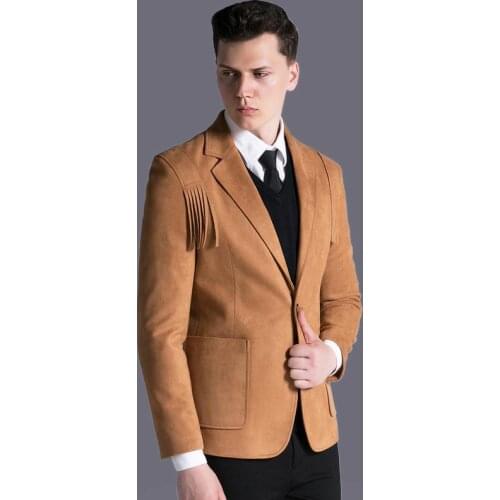 Lu Suede Mens Blazer Luxury One Button Solid Slim Fit Tassel Blazer Men High Quality Europe Vintage Prom Blazers