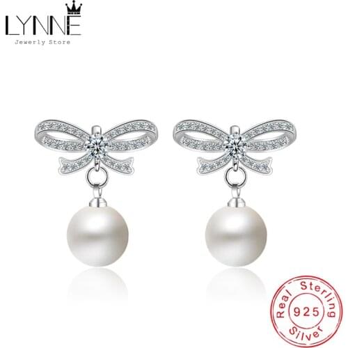 New Fashion Bowknot 10mm Pearl Drop Earrings 925 Sterling Silver Rhinestone Elegant Pendant Ear Stud Women Jewelry Birthday Gift