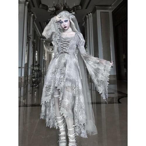 Original Design Rose Funeral Palace Flare Long Sleeve Asymmetric Long Dress White Gothic Dirty Dyeing Lace Court Classical Dress