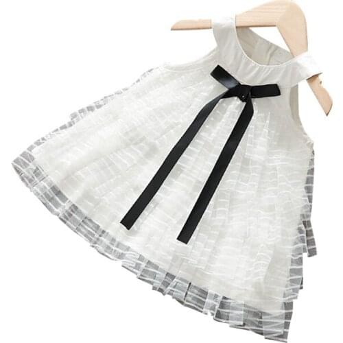Baby Girls O-neck Sleeveless Casual Fashion Big Bow Decor Transparent Princess Girls Summer Dresses Layered White Dresses