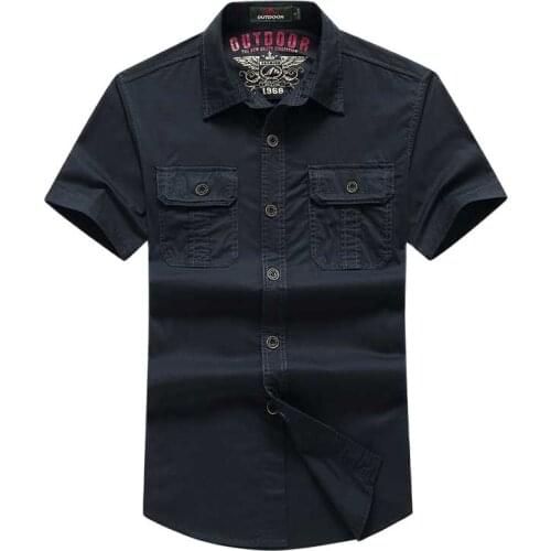 Summer Men Casual Shirt Short Sleeve Cotton Turn Down Collar Designer Shirts Big Size Military Style Green Blue Black Khaki