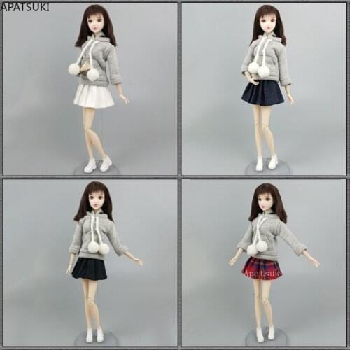 Gray Top Hoodie Sweatshirt Pleated Skirt for Barbie Doll Fashion Clothes Set Suit Outfits for 1/6 BJD Dolls Accessories Kid Toys