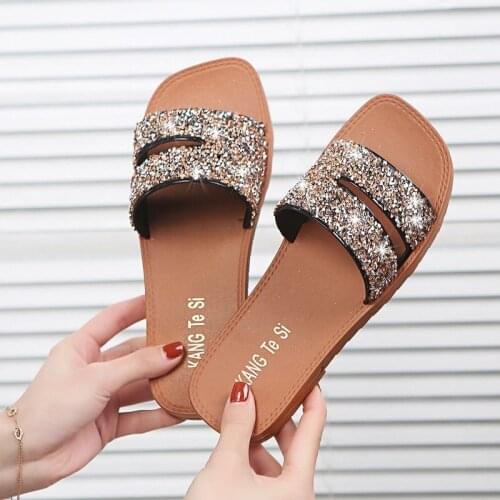 Glitter Slippers Women Summer Sandals 2021 Fashion Bling Female Candy Color Flip Flops Beach Diamond Flat Shoes Outdoor Sandals
