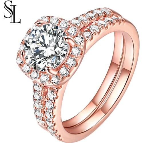 SL 2Pcs 925 Sterling Silver Wedding Rings For Women AAA CZ Engagement Ring Set Classic Jewelry Size 4-10
