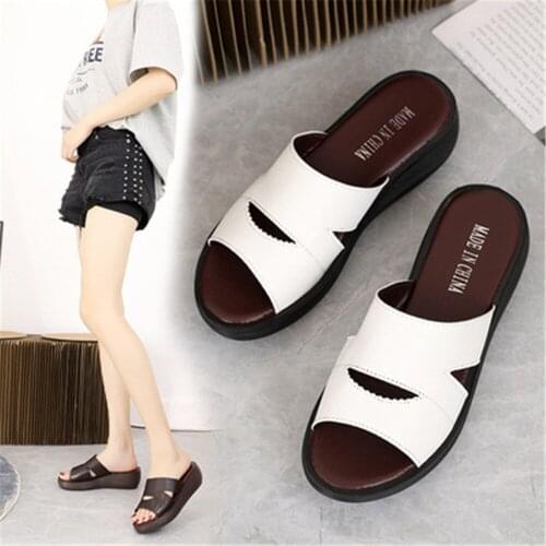 Women Antiskid Slippers Ladies Summer Soft Leather Wedges Comfortable Solid Fashion Shoes Beach Slides Zapatillas Mujer Eu 35-41