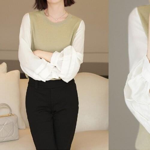 Splicing Long Sleeve Top Womens Autumn And Winter New Look Thin Versatile Lantern Sleeve Knitted Sweater