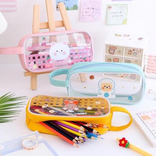 Stationery Bag Lovely Cartoon Pattern Large Capacity Portable Transparent Waterproof Pencil Pouch for Students