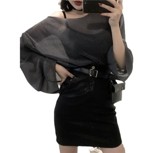 Women 2021 Spring Summer Fashion Chiffon Shirts 2pc O Neck Black Sexy See Through Sheer Blouse Flare Sleeve Tops Casual Shirts