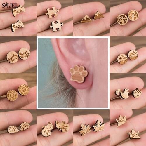 SMJEL Small Fashion Earings Jewelry Round Charm Wooden Earrings Leaf Paw Mountain Tree Wave Stud Earring for Women Girl brincos